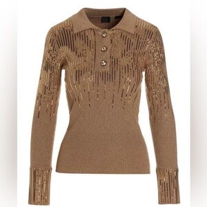 Pinko Knit Polo Long Sleeve Gold Caramel Button Down Sequin Top Blouse Sweater
